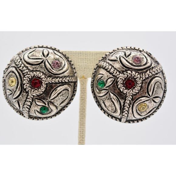 Vintage Chunky Clip On Earrings Crystal Antiqued Round Mod Dep Signed 1980s A21 - Picture 1 of 12